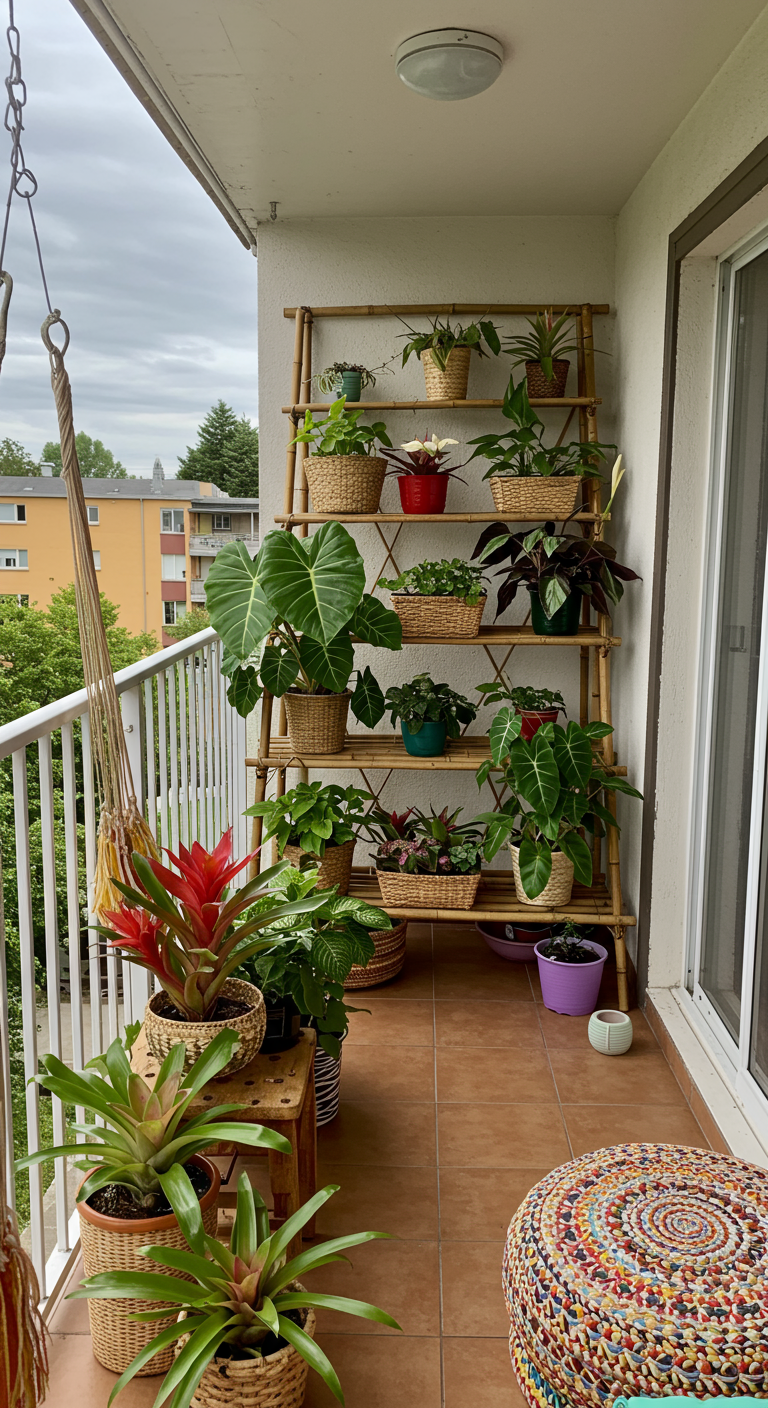 Bamboe etagère vol planten in rieten mandjes en gekleurde potten op een balkon.