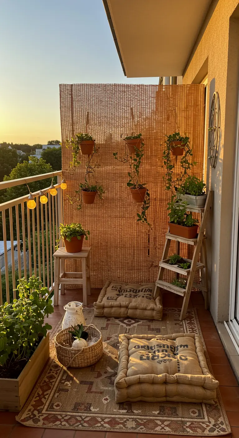 Balkon met bamboemat als privacyscherm, jute kussens en hangplanten.