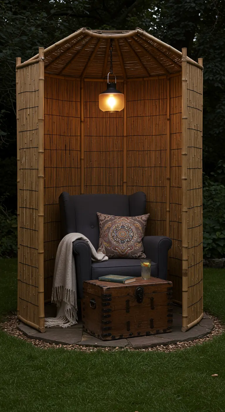 Knus bamboe prieel met een fauteuil en een vintage kist als tafel.