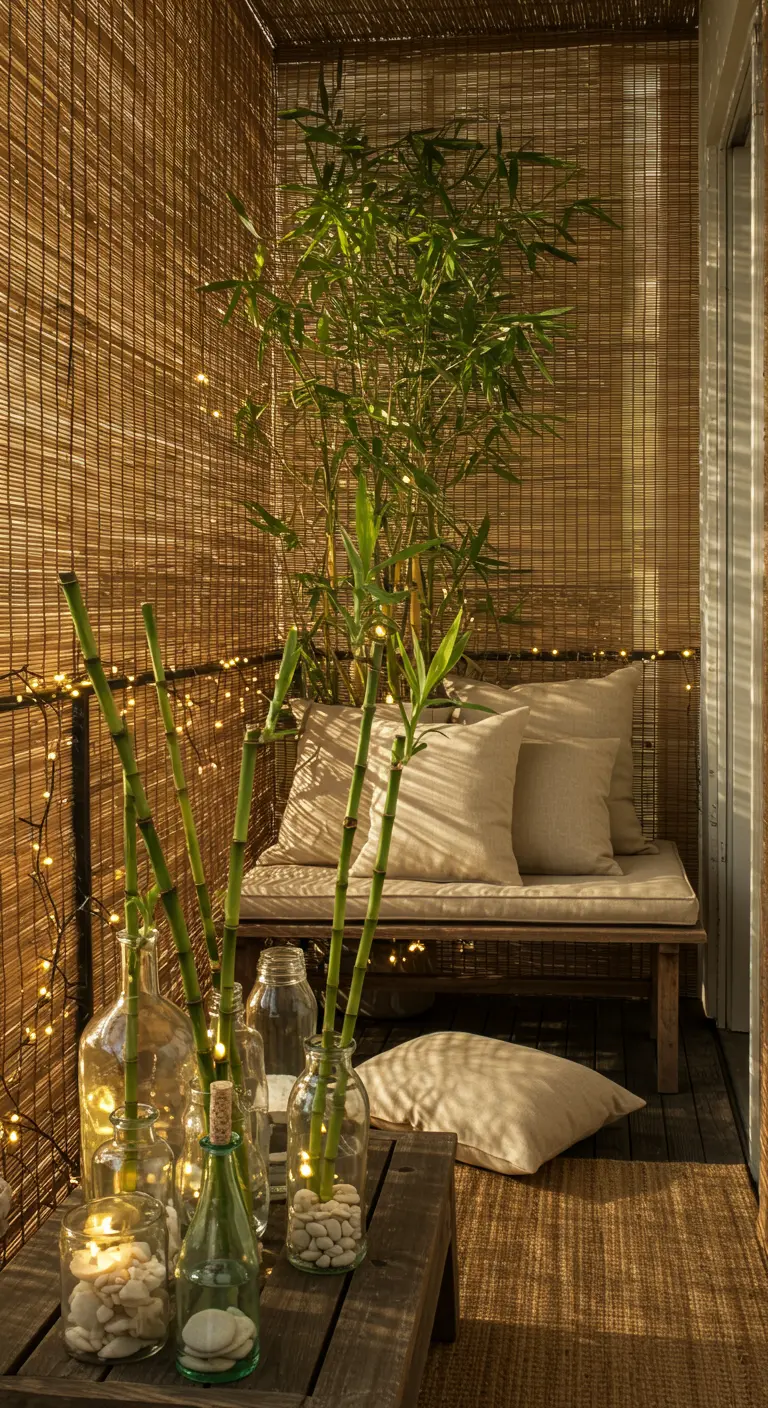 Balkon met bamboe schermen, lichtslingers en decoratieve flessen met verlichting.