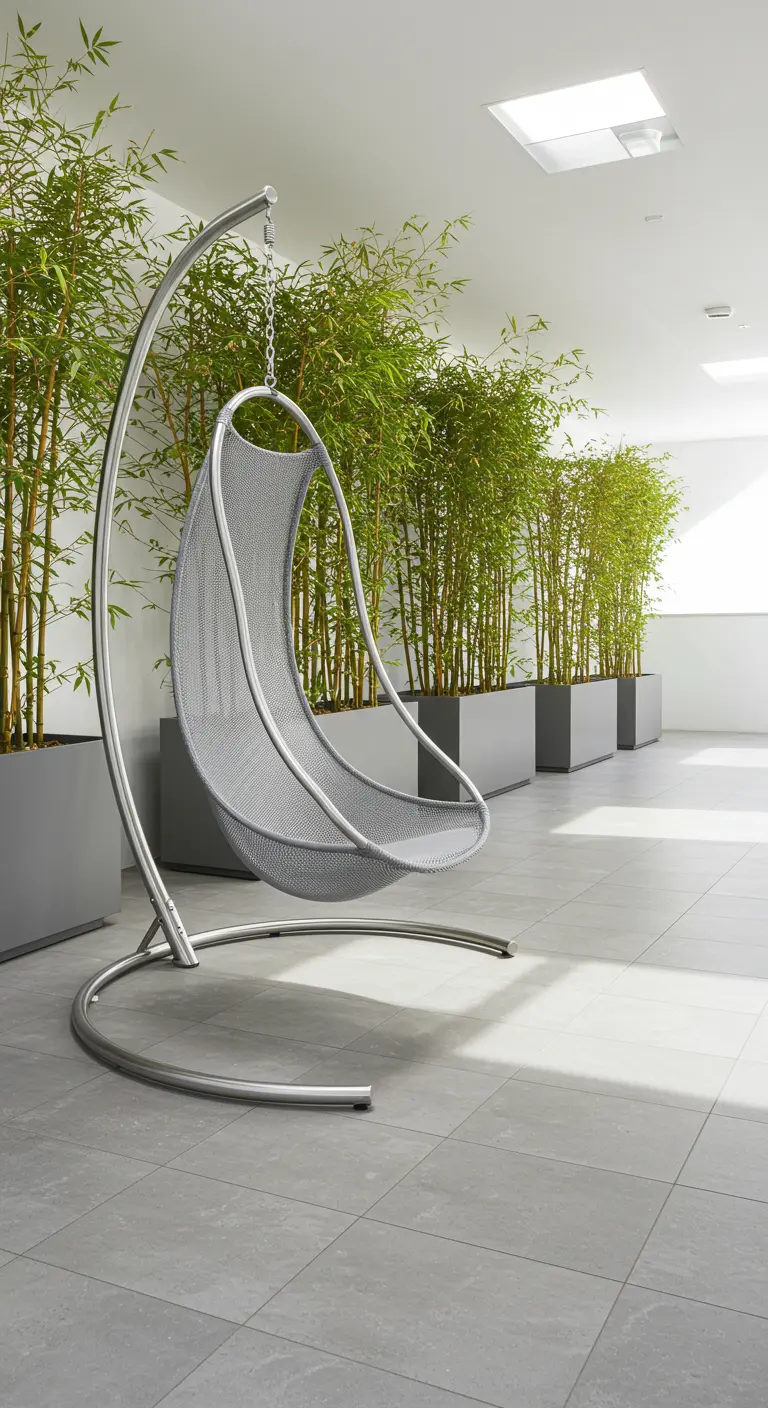 Zilverkleurige metalen hangstoel in boogframe naast hoge bamboeplanten in grijze bakken.