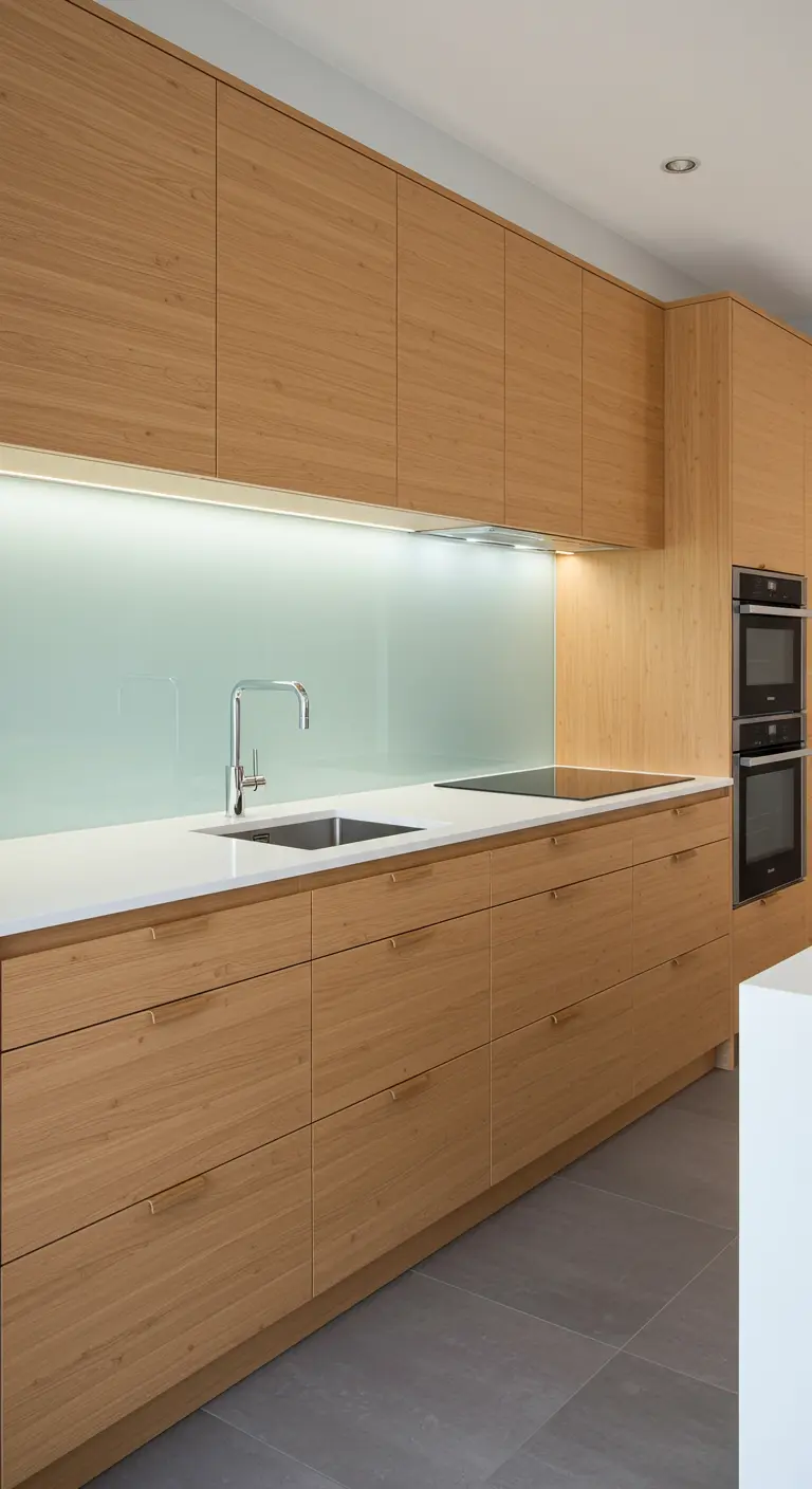 Moderne keuken met lichte bamboehouten kasten en een glazen achterwand.