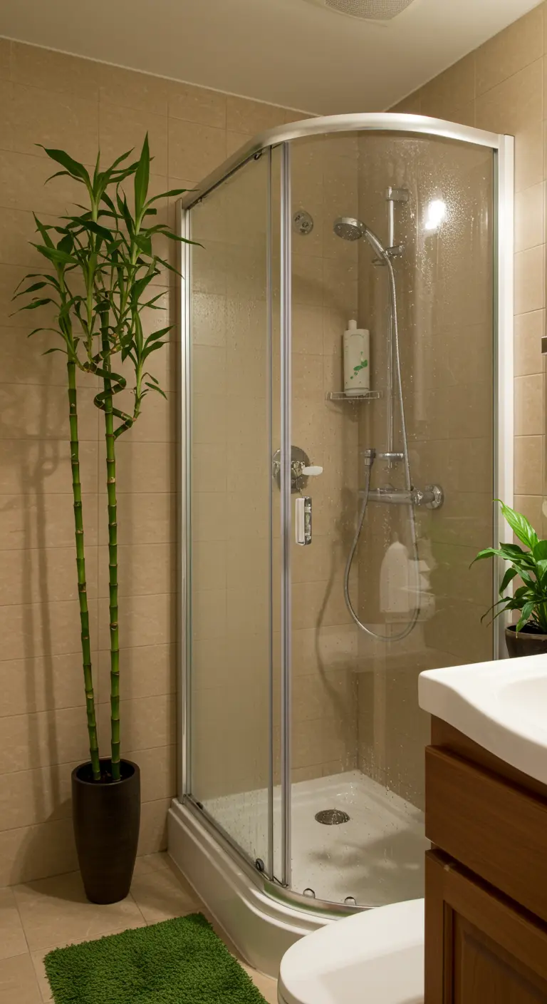 Lucky Bamboo plant in een hoge donkere pot naast een glazen douchecabine in beige badkamer.