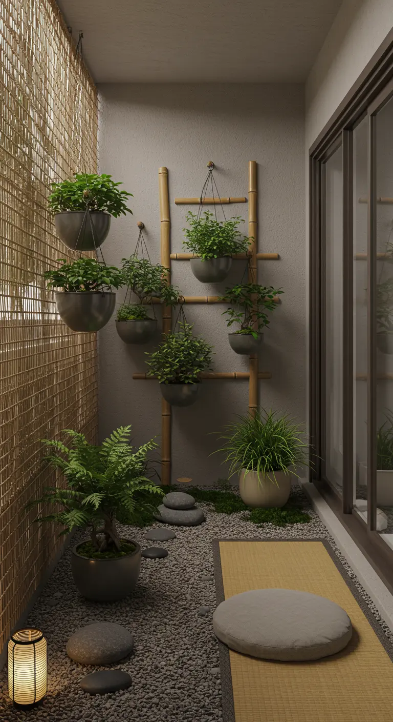 Bamboe ladder als plantenrek met hangende groene planten op een Japans geïnspireerd balkon.