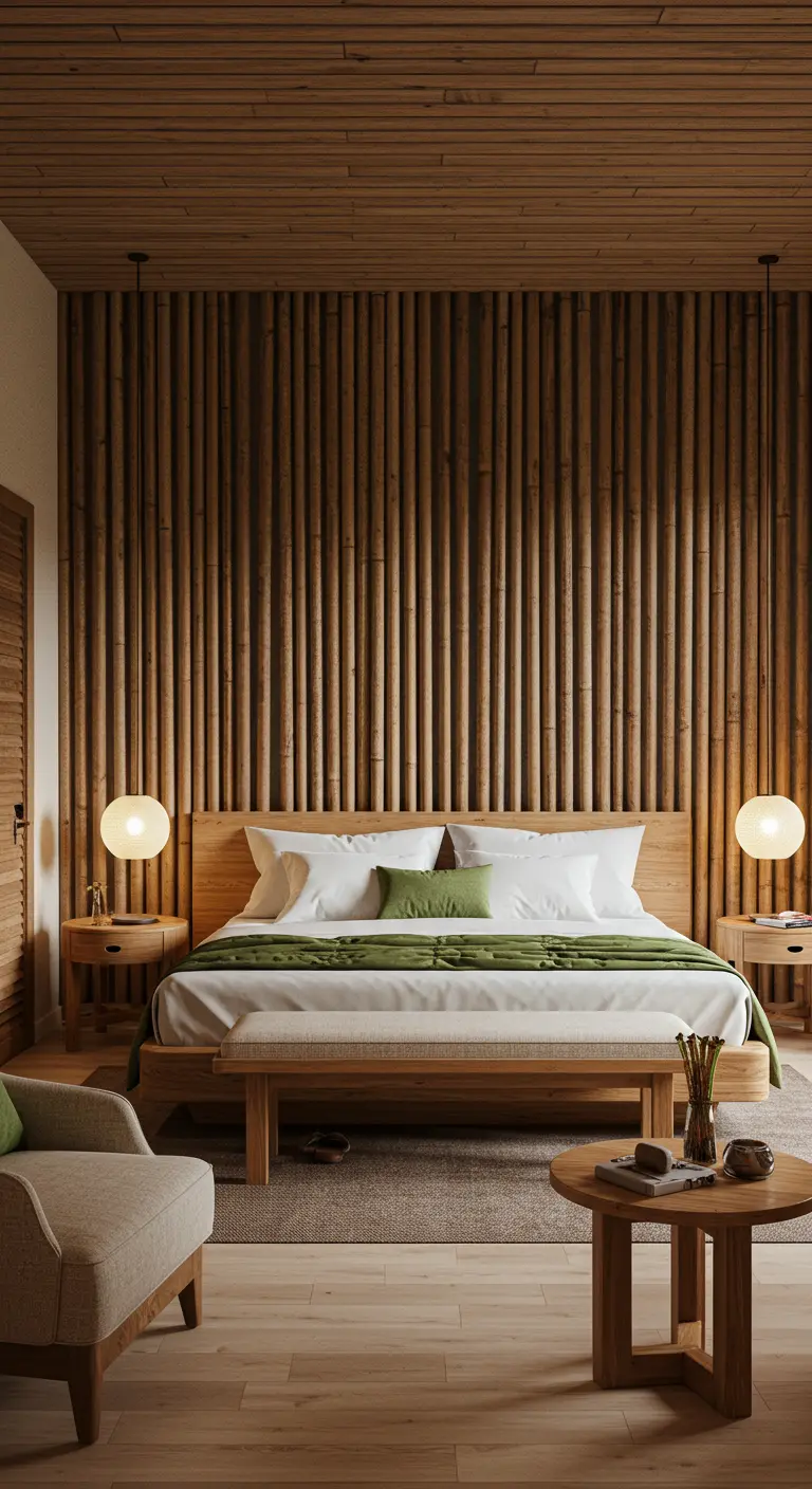 Slaapkamer met een wand van verticale bamboelatten achter het bed, warme verlichting.