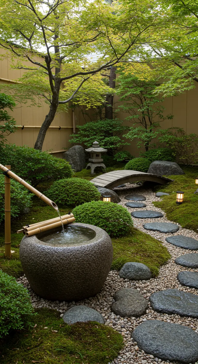 Japanse tuin met bamboe waterspuit, stenen bekken, mos en stapstenen.