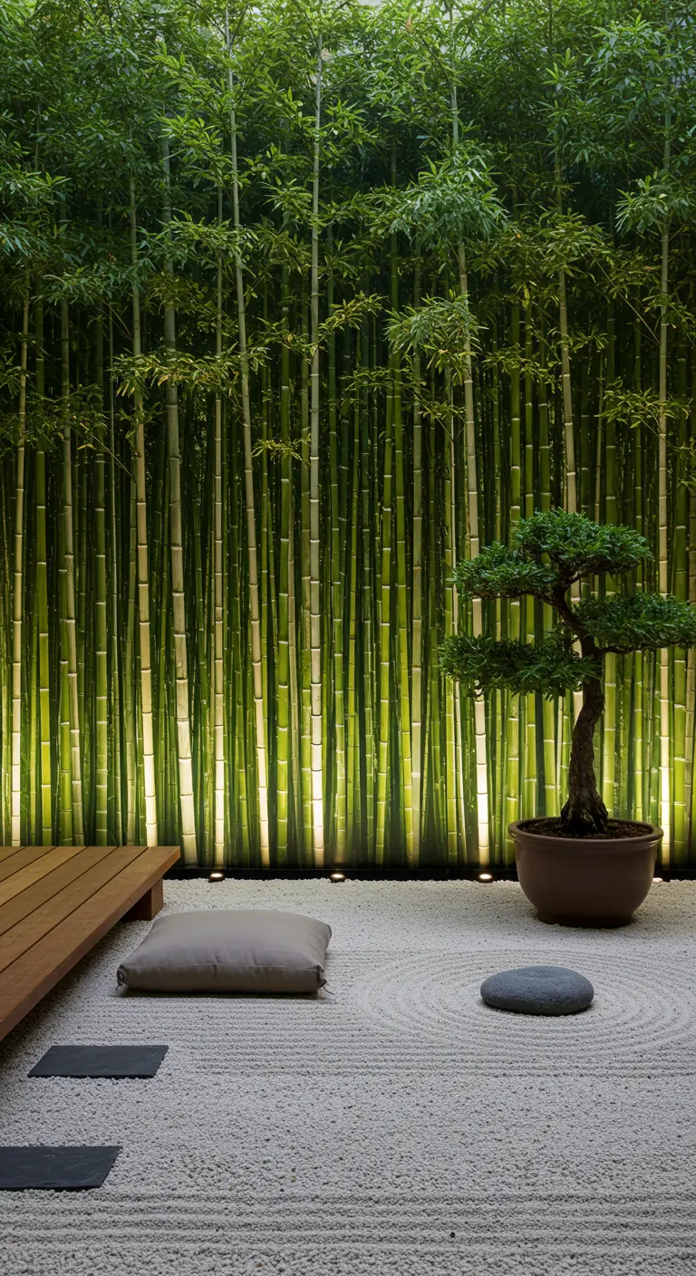 Japanse Zen-tuin met hoge bamboebos buitenbehang, grind en meditatiekussen.