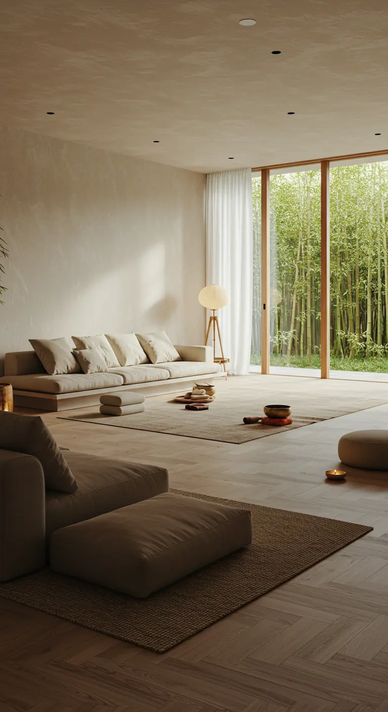 Zen woonkamer met lage beige banken, houten vloer en uitzicht op bamboetuin.