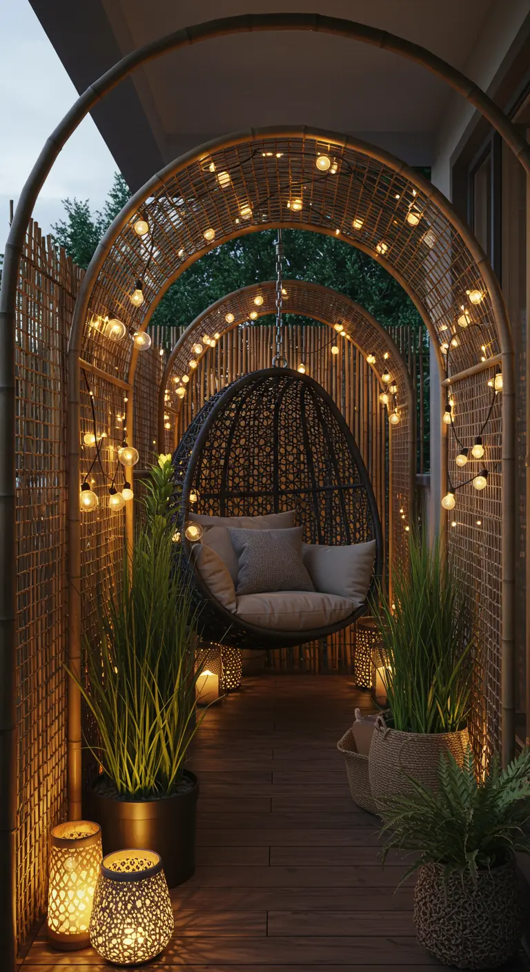 Rotan hangstoel in een tunnel van bamboebogen, versierd met vele lichtjes en planten.