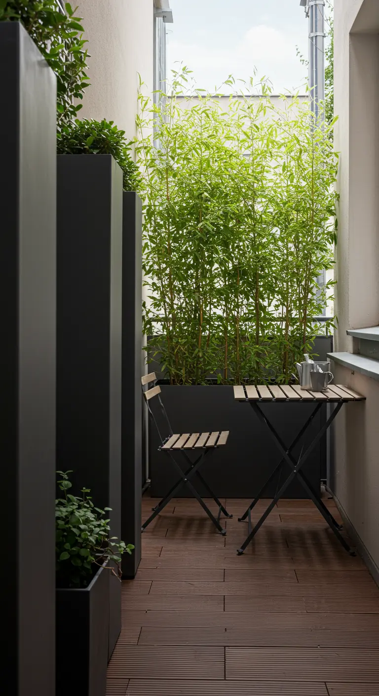 Hoge bamboeplanten in een lange zwarte bak zorgen voor privacy op een smal balkon met een bistroset.