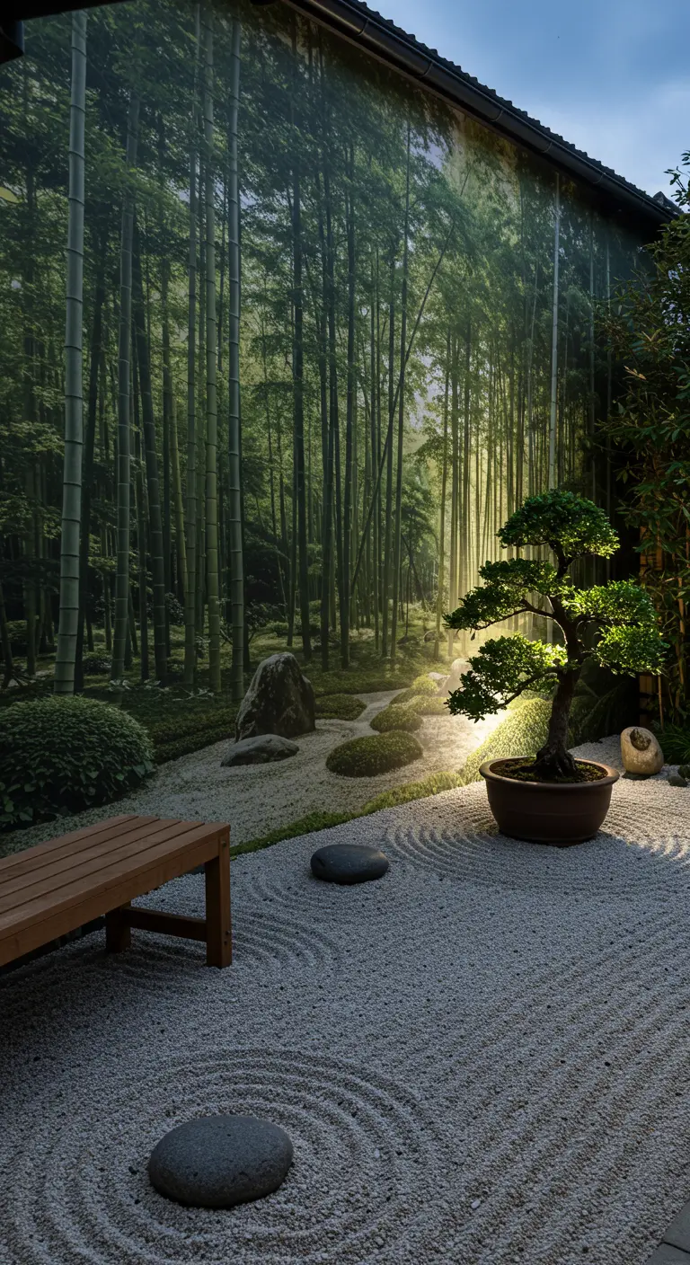 Japanse Zen-tuin met bamboebos buitenbehang, grindpatronen, bonsai en verlichting.