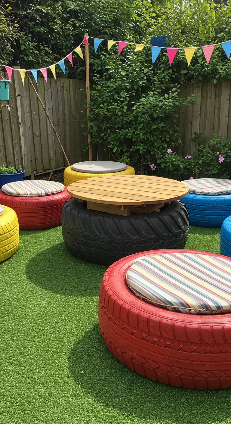 Gekleurde autobanden hergebruikt als zitjes en tafel in een tuin.