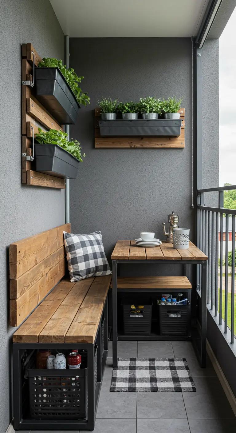 Industrieel balkon met houten hoekbank, opbergkratten en wandplantenbakken.