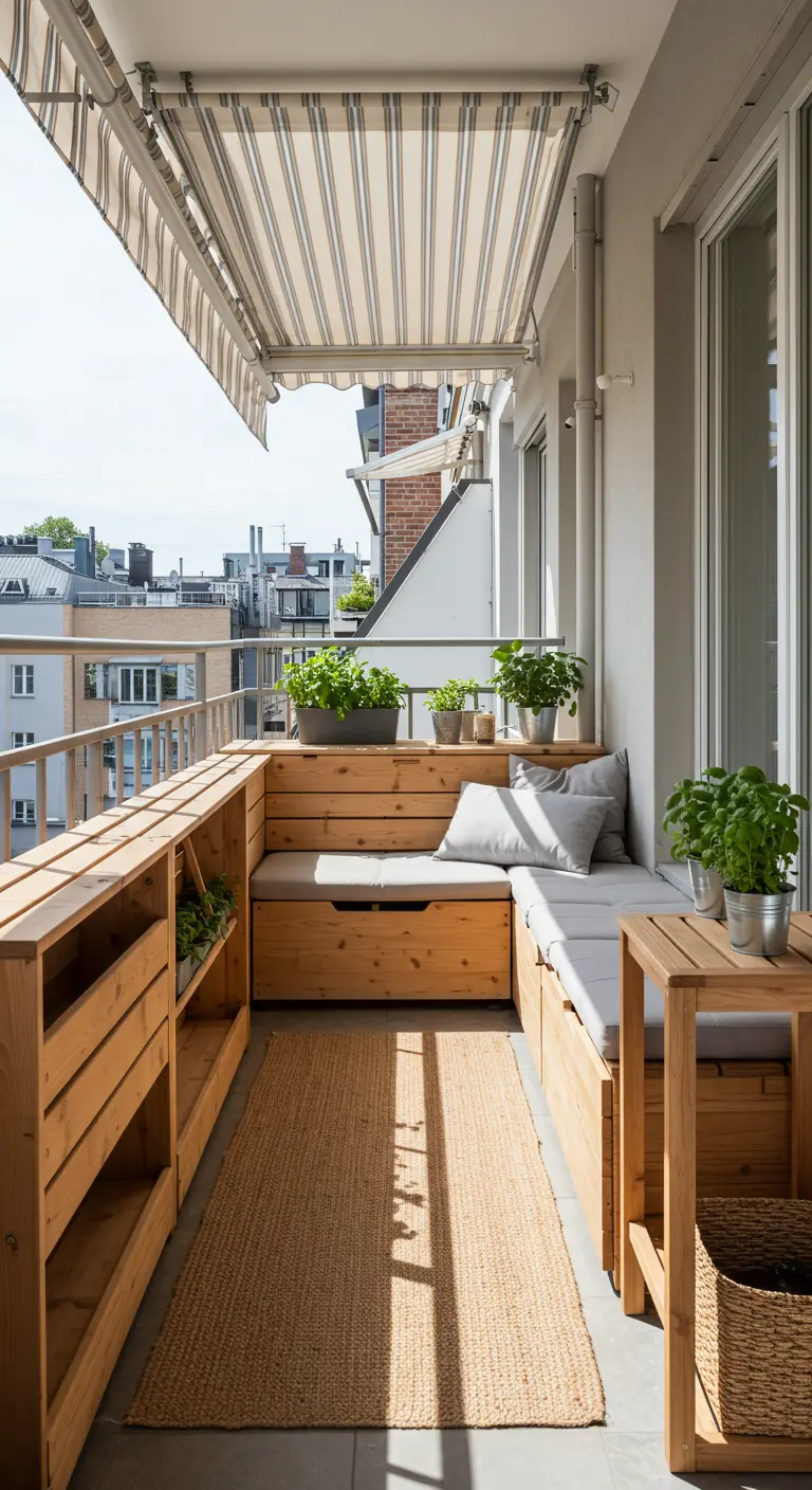 Langwerpig balkon met houten hoekbank met opbergkisten, kussens en zonnescherm.