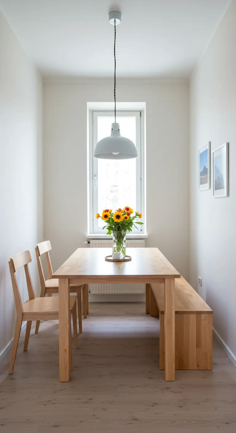 Smalle eethoek met houten tafel, twee stoelen en een houten bankje tegen de muur.
