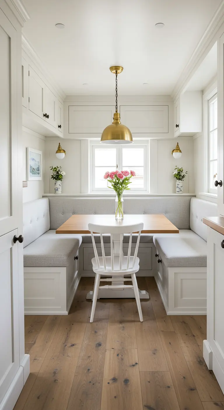 Eethoek met ingebouwde U-bank, houten tafel en witte stoel.