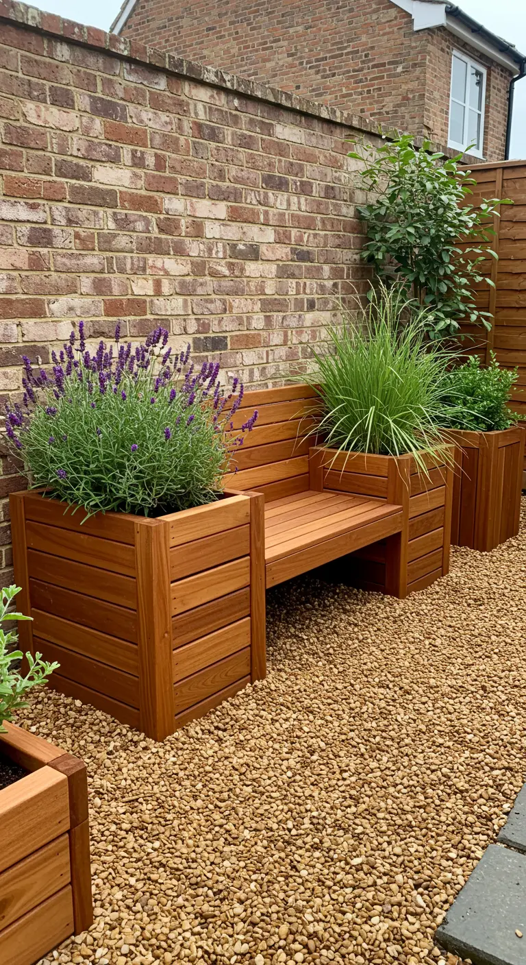 Houten tuinbank met geïntegreerde houten plantenbakken met lavendel en grassen.
