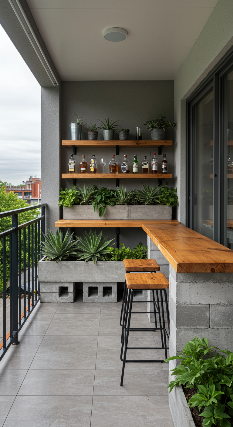 Moderne balkonbar en plantenrekken gemaakt van betonblokken en houten planken.