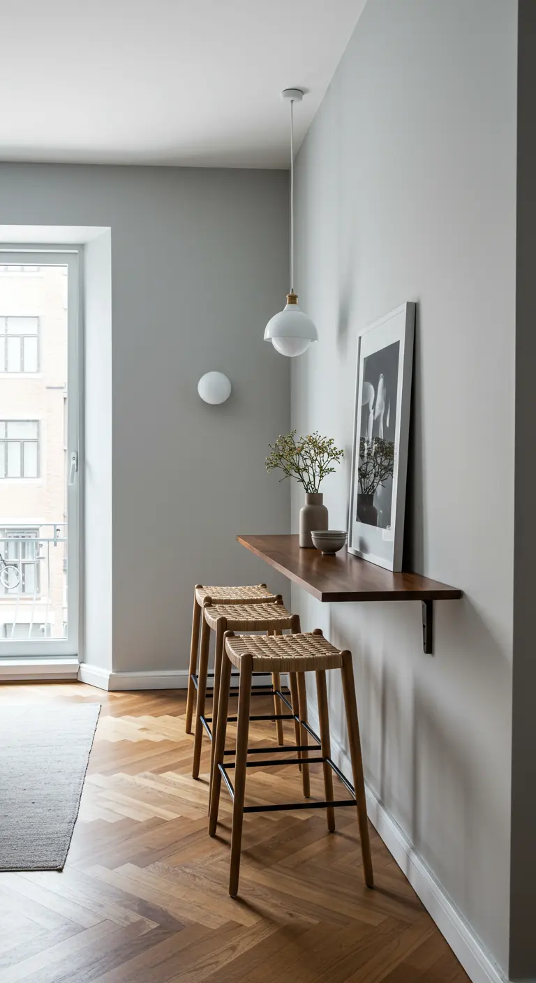 Smalle wandbar met drie houten barkrukken en kunst aan de muur.