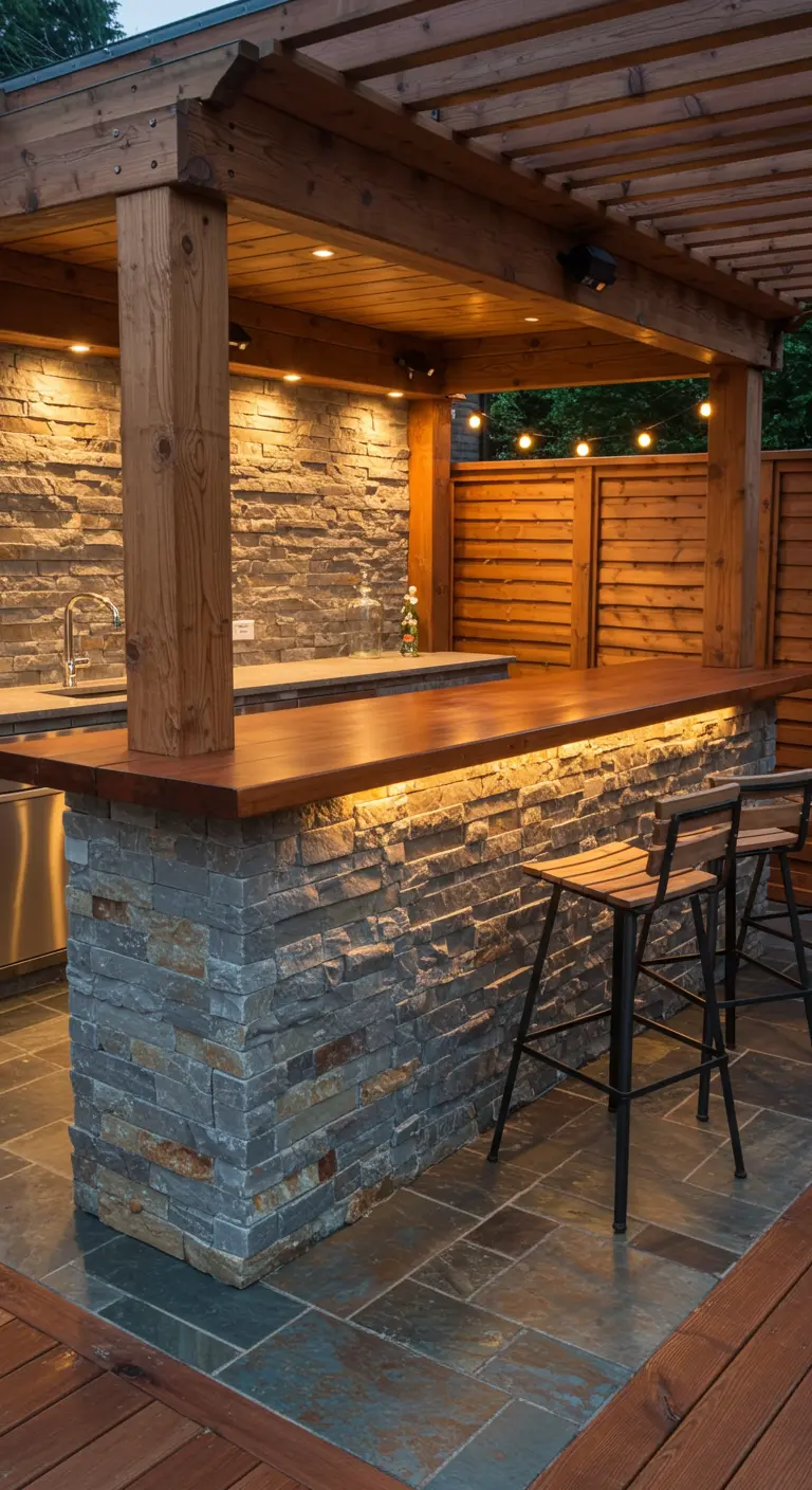Buitenbar met stenen basis, houten aanrechtblad, pergola en tegelvloer.