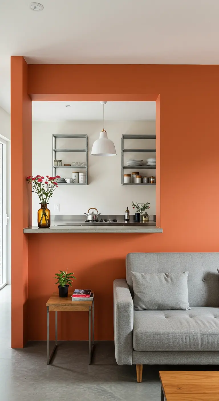 Woonkamer met grijze bank en een opvallende oranje muur met doorgeefbar naar de keuken.