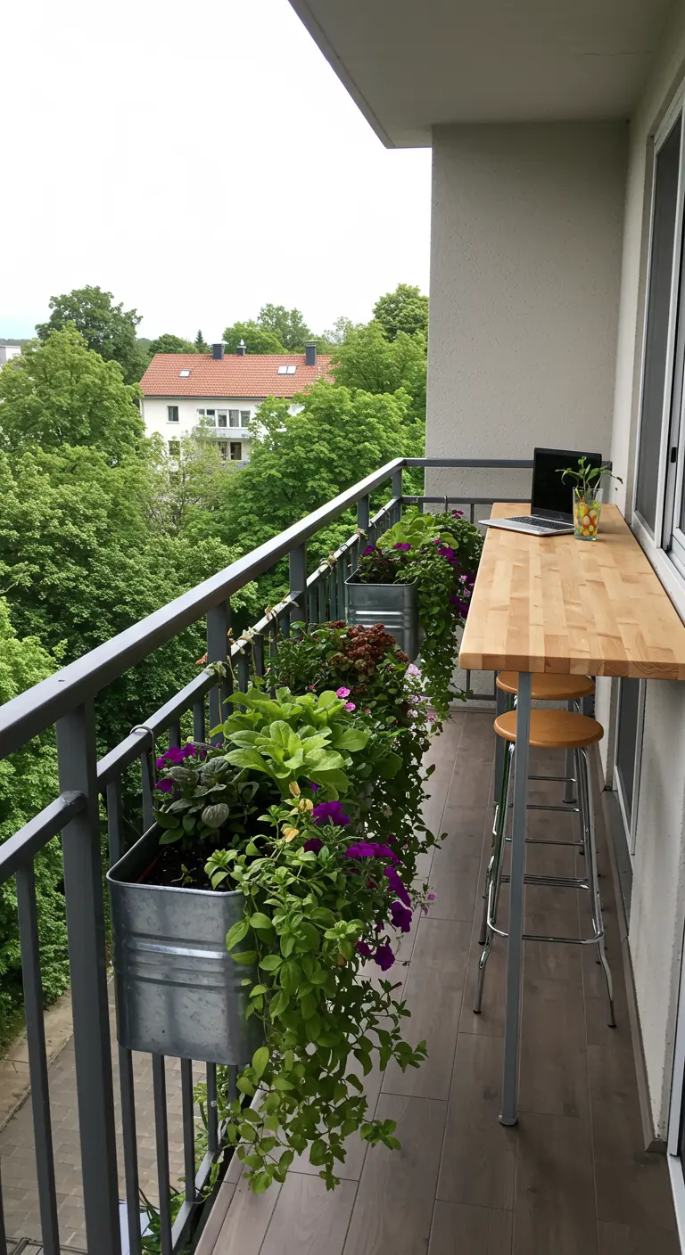 Balkon met houten barblad aan de reling, twee barkrukken en hangende plantenbakken.