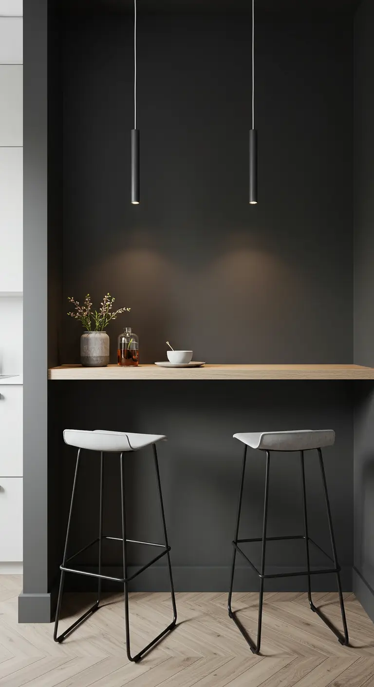 Compacte barhoek met donkere muur, houten plank, twee hoge krukken en slanke hanglampen.