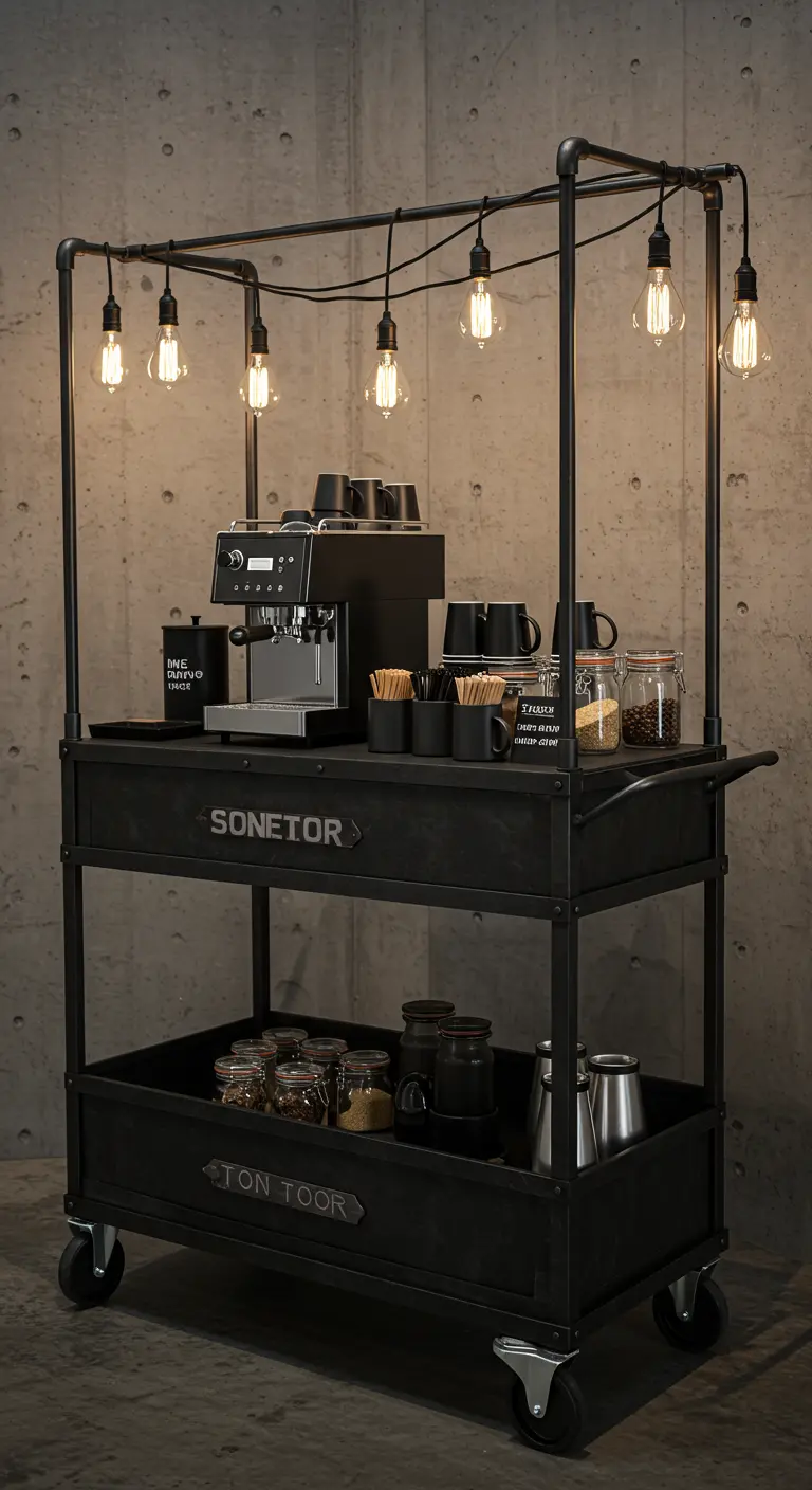 Industriële zwarte koffiekar met espressomachine, mokken en sfeerverlichting.