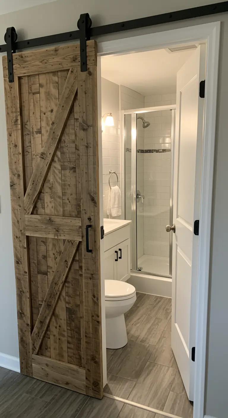 Houten barndeur als ingang naar een compacte, lichte badkamer.