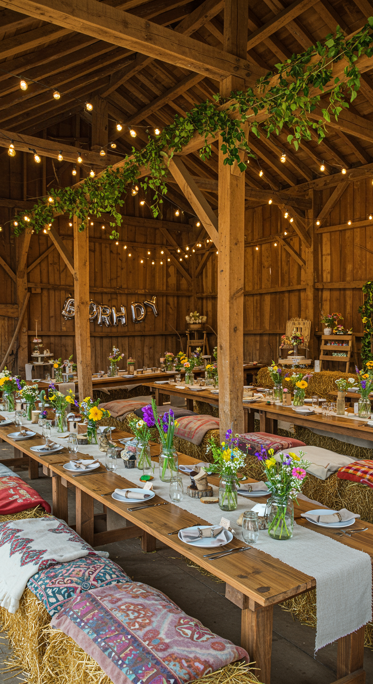 Boho feest in een schuur met lange tafels, hooibalen en veldbloemen.