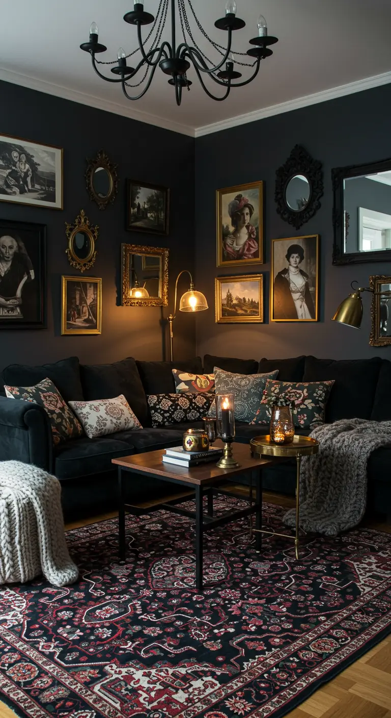Zwarte woonkamer met gouden lijsten, spiegels, kroonluchter en klassieke meubels.