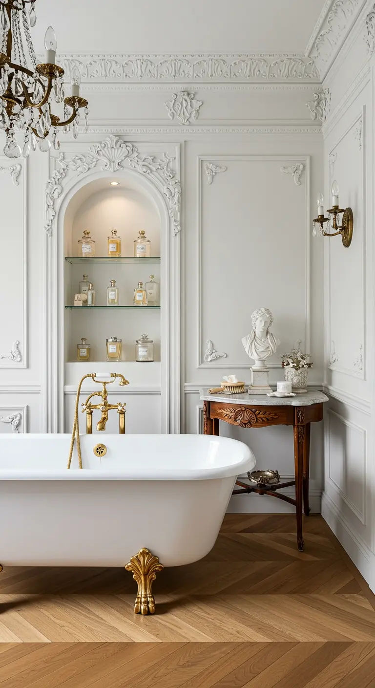Luxe witte badkamer met vrijstaand bad, marmer en een sierlijke barokke nis.