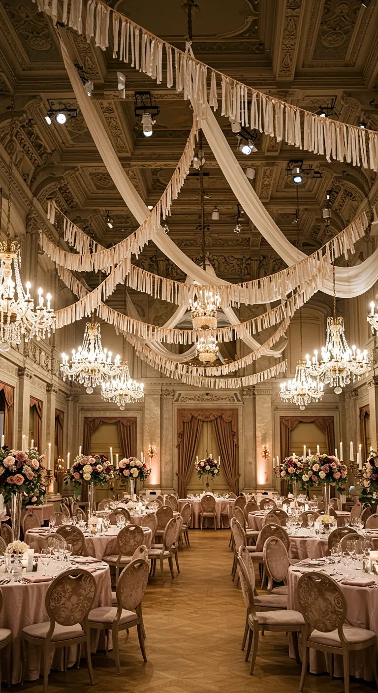 Grote balzaal met elegante slingers van crèmekleurige linten of franjes aan het plafond.