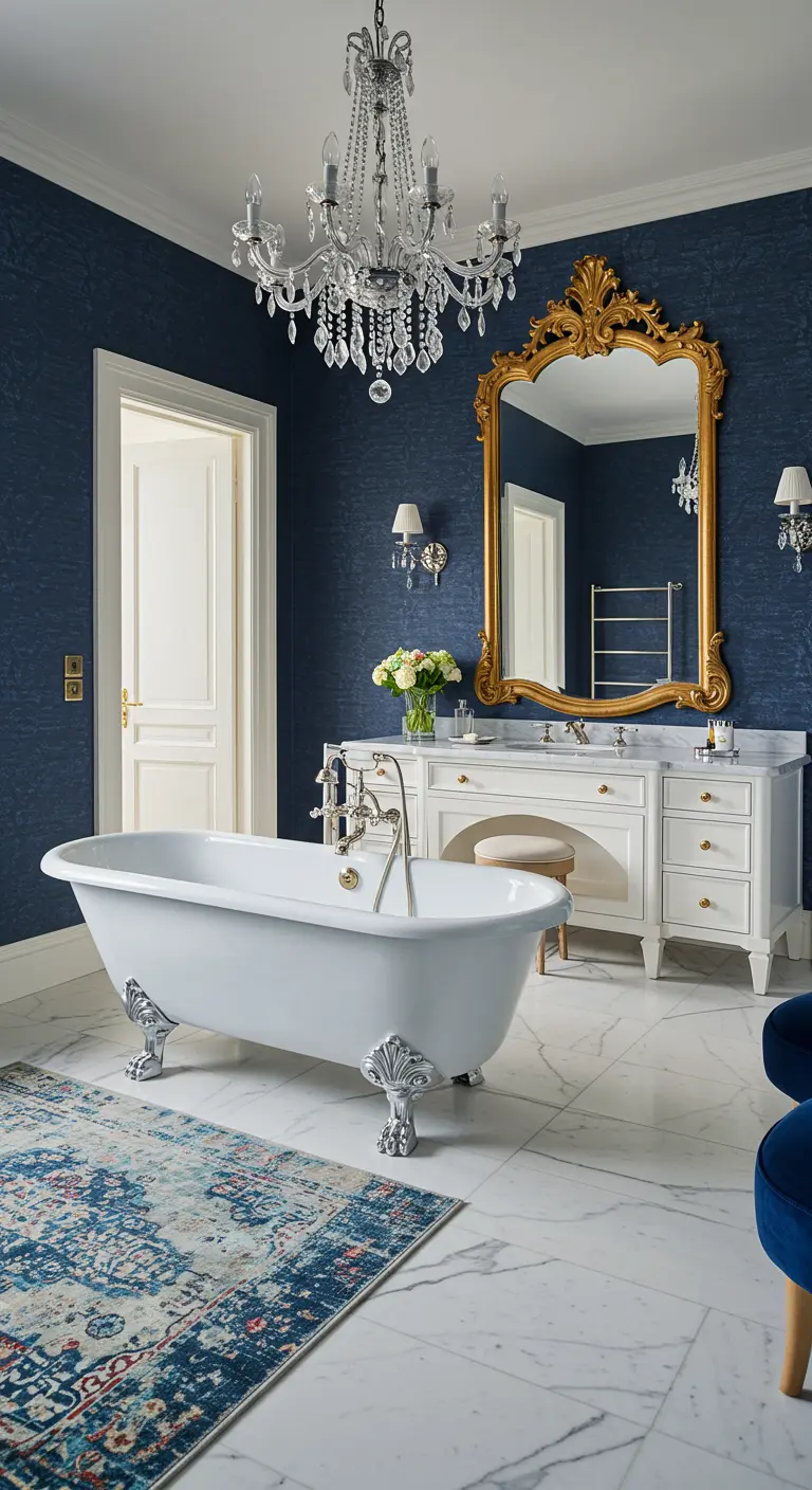 Luxe badkamer met diepblauwe muren, gouden spiegel en kristallen kroonluchter.