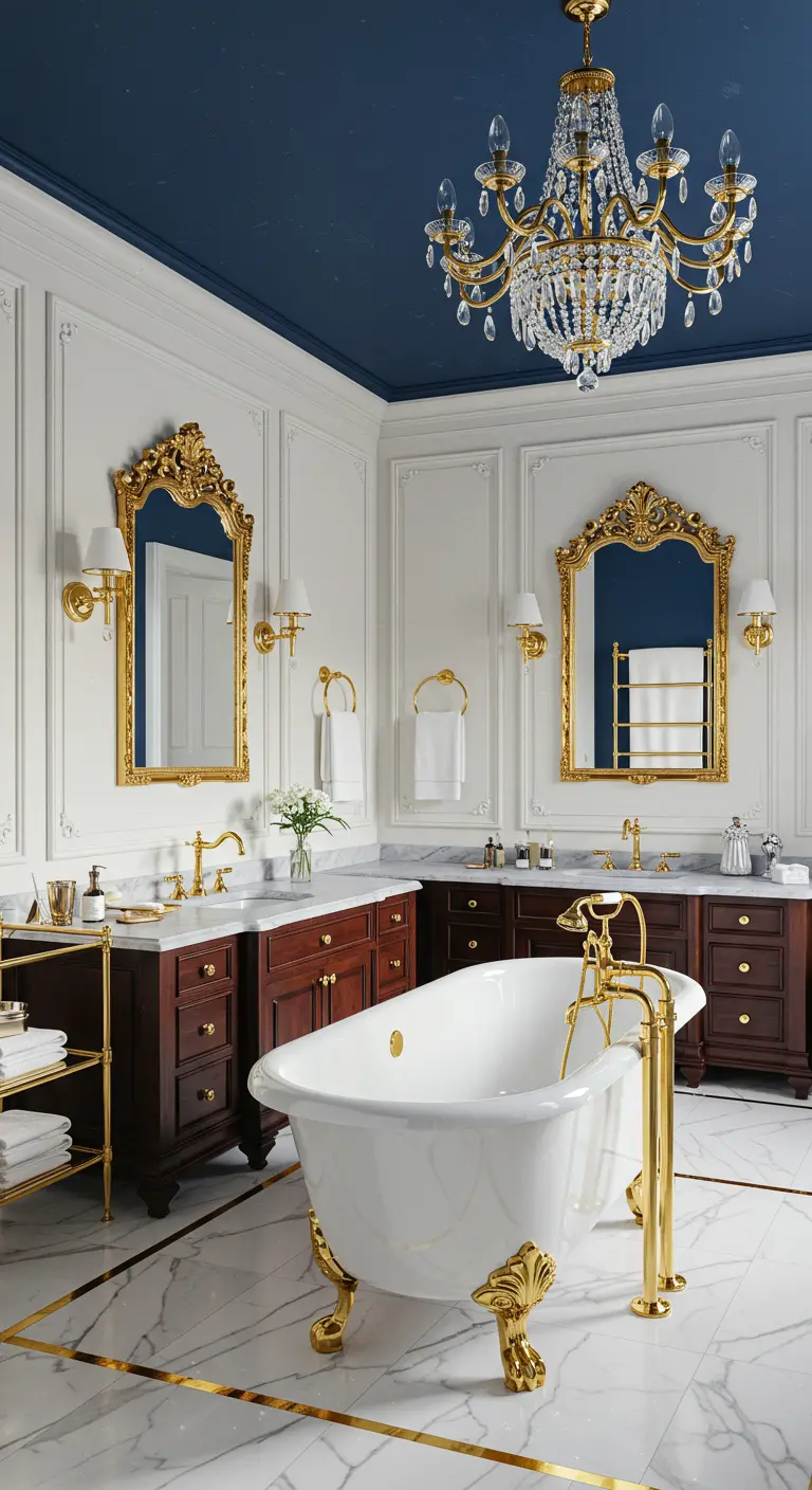 Luxe badkamer met donkerblauw plafond, witte lambrisering, gouden spiegels en armaturen.