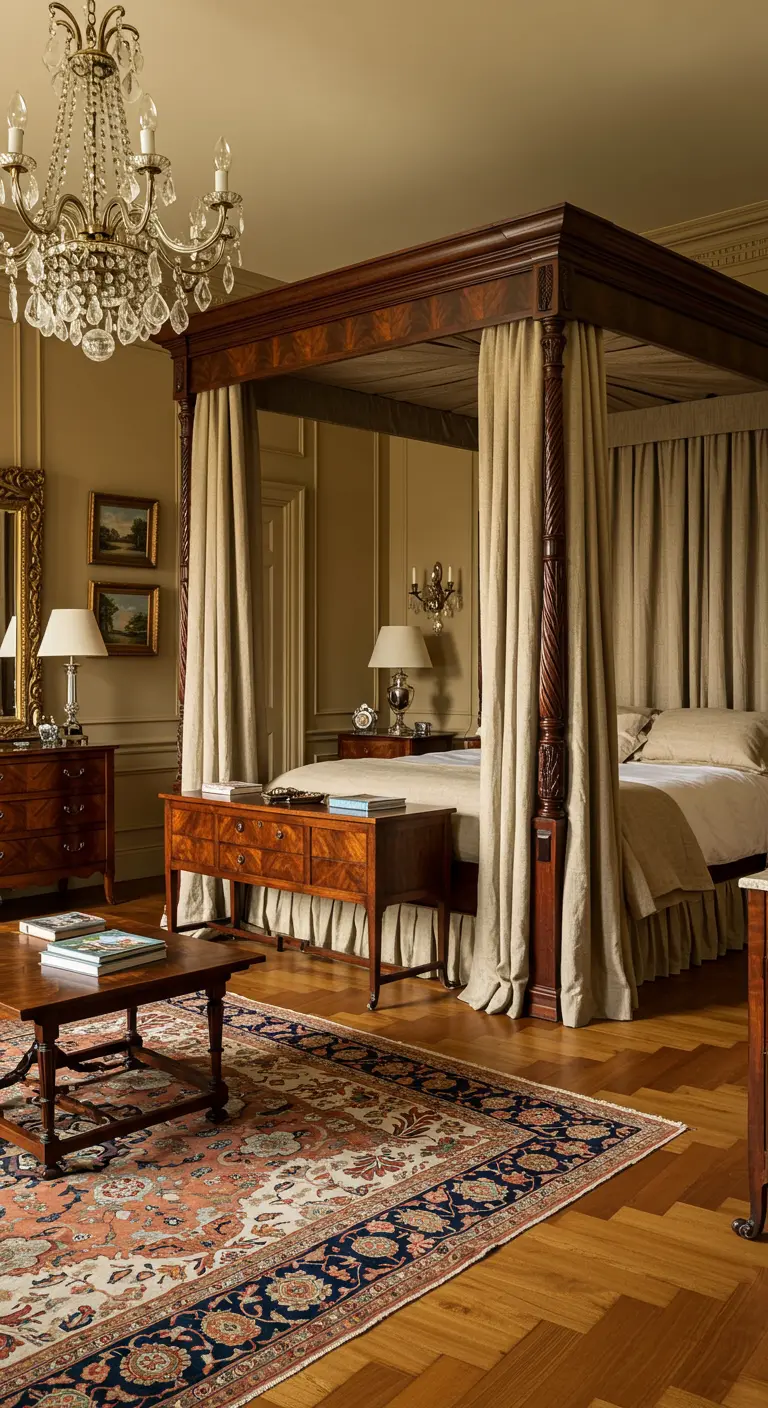 Grandioze slaapkamer met beige muren, donkerhouten hemelbed, linnen gordijnen en kristallen kroonluchter.