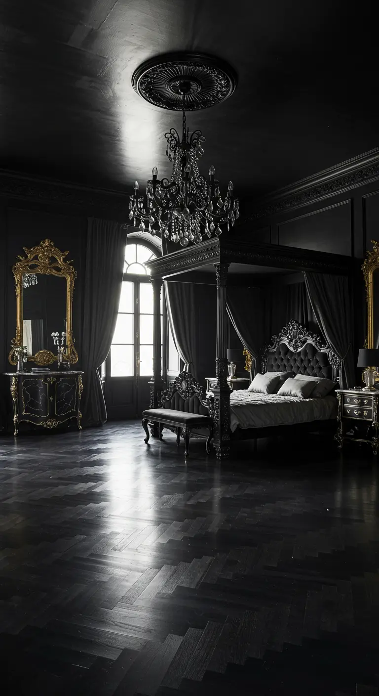 Rijke zwarte slaapkamer met visgraatvloer, hemelbed en een grote gouden spiegel.