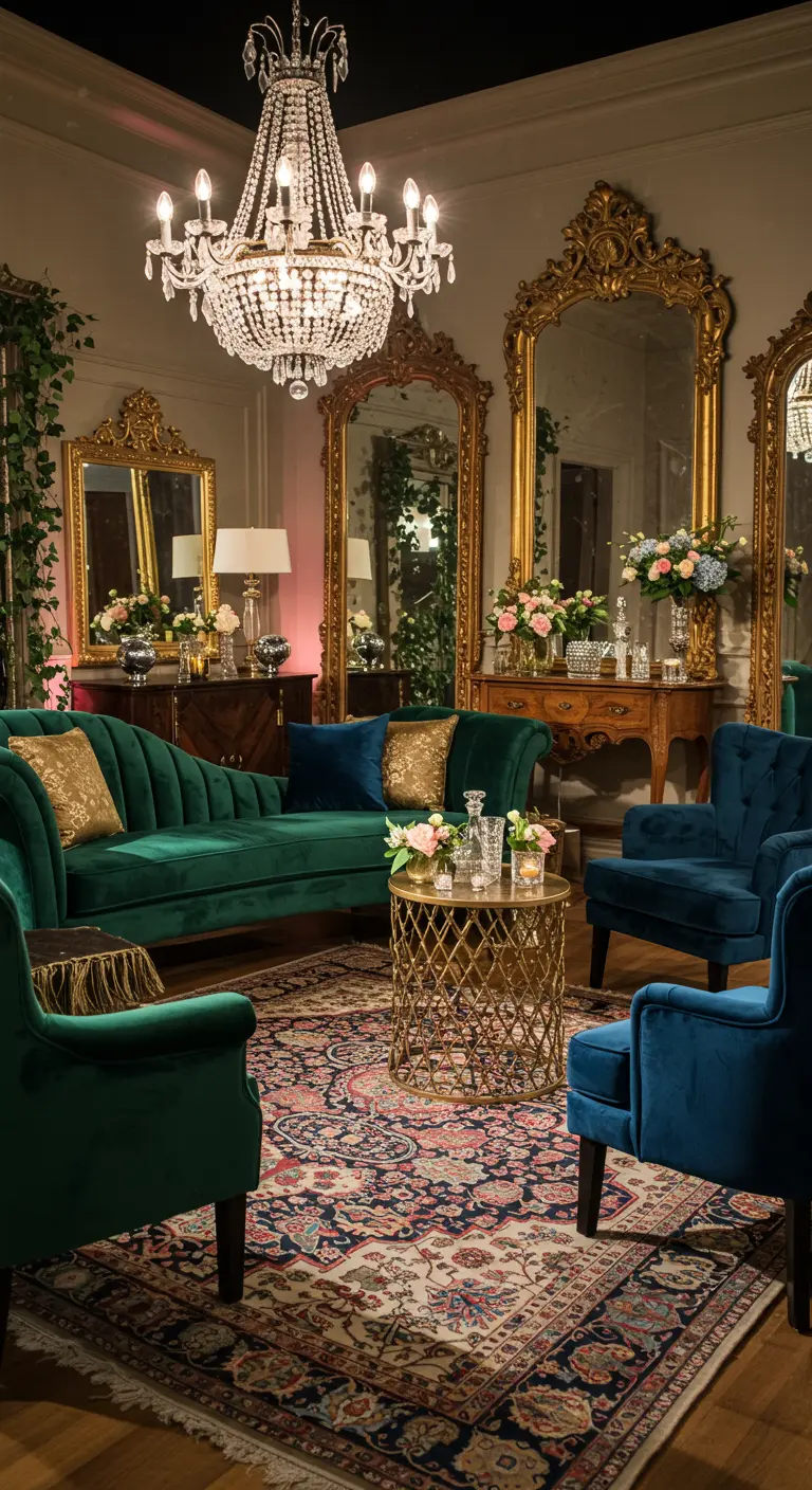 Luxe lounge met smaragdgroene en koningsblauwe fluwelen meubels, gouden accenten en spiegels.