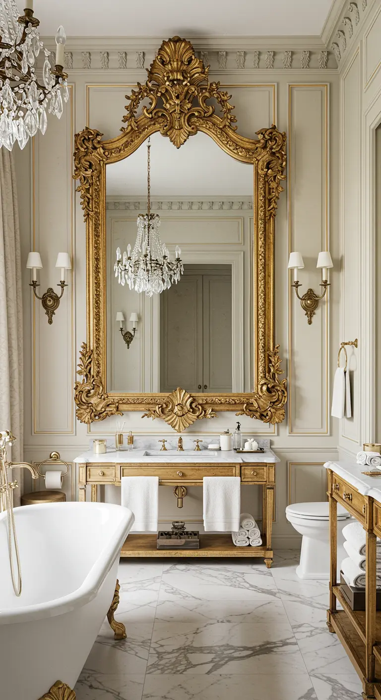 Weelderige badkamer in barokstijl met een zeer grote, sierlijke gouden spiegel als centraal punt.