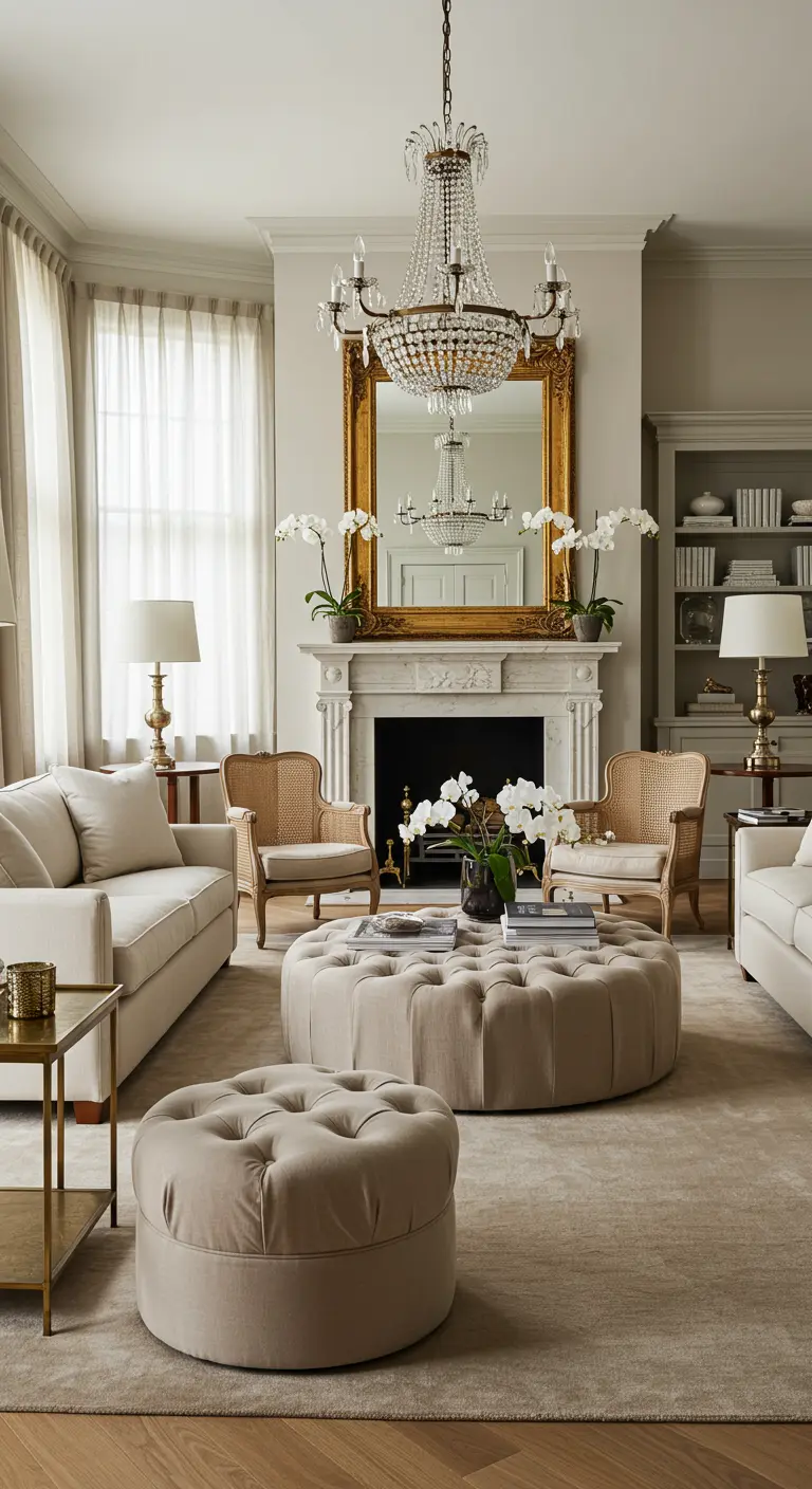 Luxe crèmekleurige woonkamer met kristallen kroonluchter, gouden spiegel en gecapitonneerde poef.