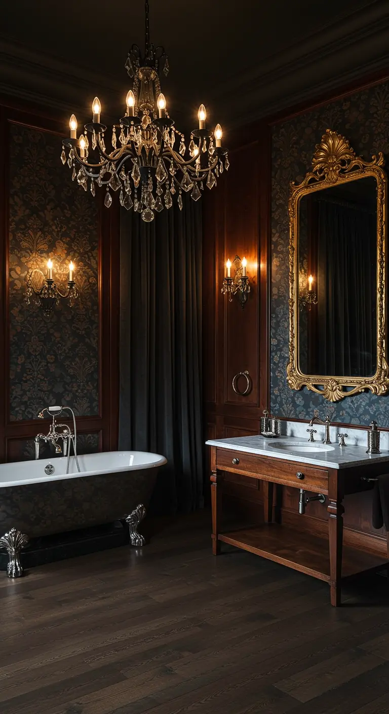 Klassieke donkere badkamer met damastbehang, gouden spiegel en kristallen kroonluchter.