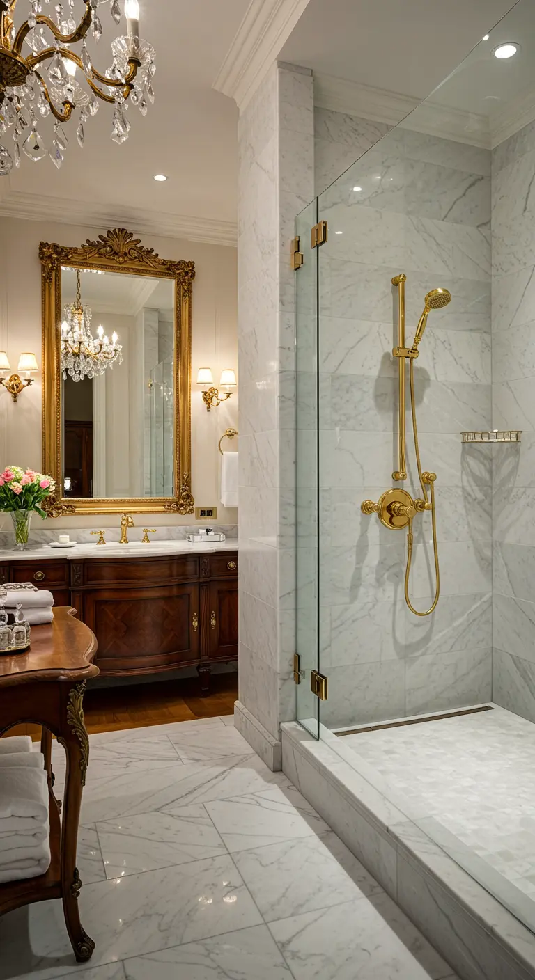 Luxe badkamer met marmeren wanden, gouden douche en spiegel, en kristallen kroonluchter.
