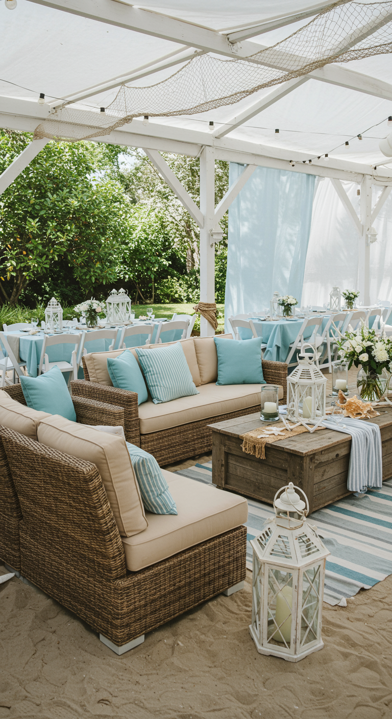 Strandthema tuinfeest met zand, houten meubels en blauw-witte decoratie.