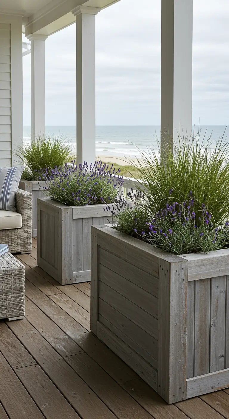 Grote, vergrijsd houten plantenbakken met lavendel en grassen op veranda met uitzicht op zee.