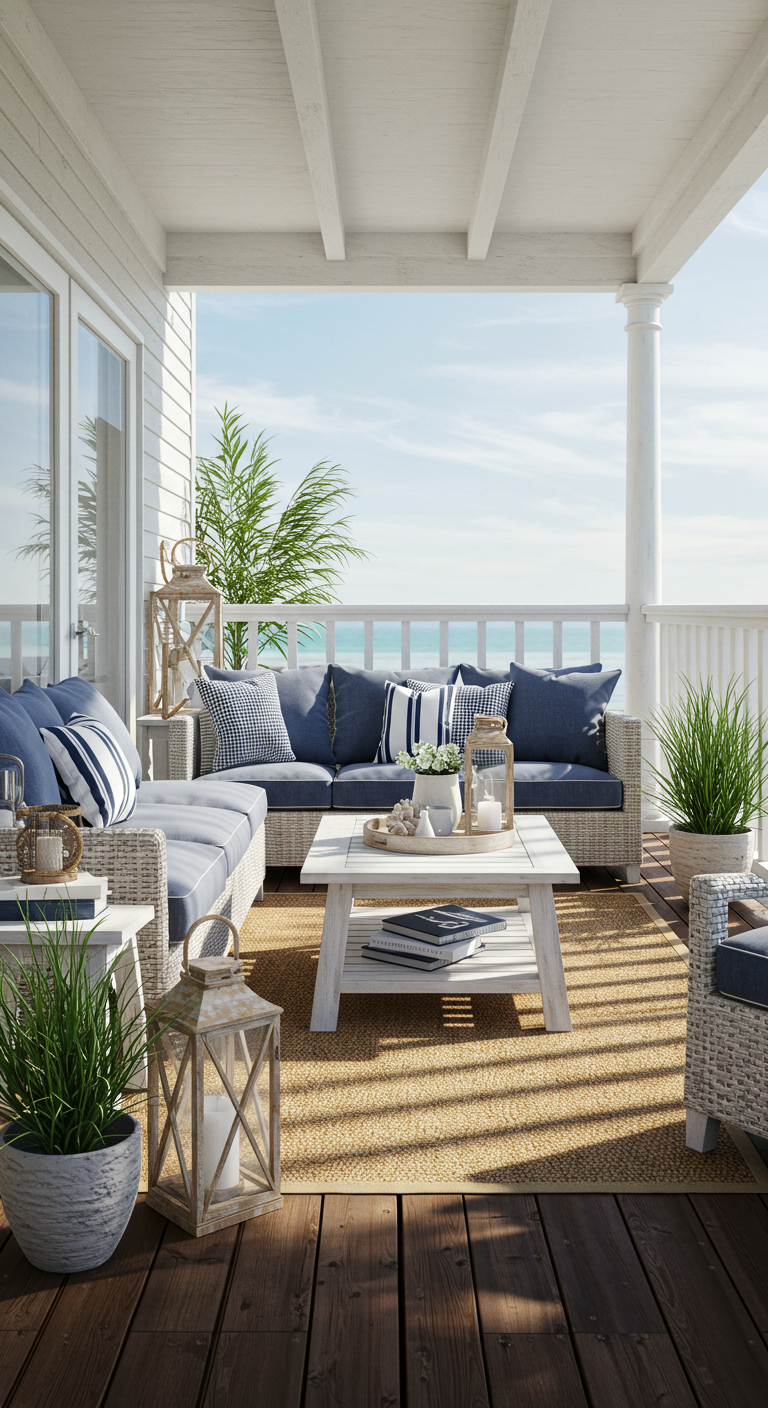Veranda in kuststijl met witte houten constructie, rotan meubels en blauw-witte kussens.