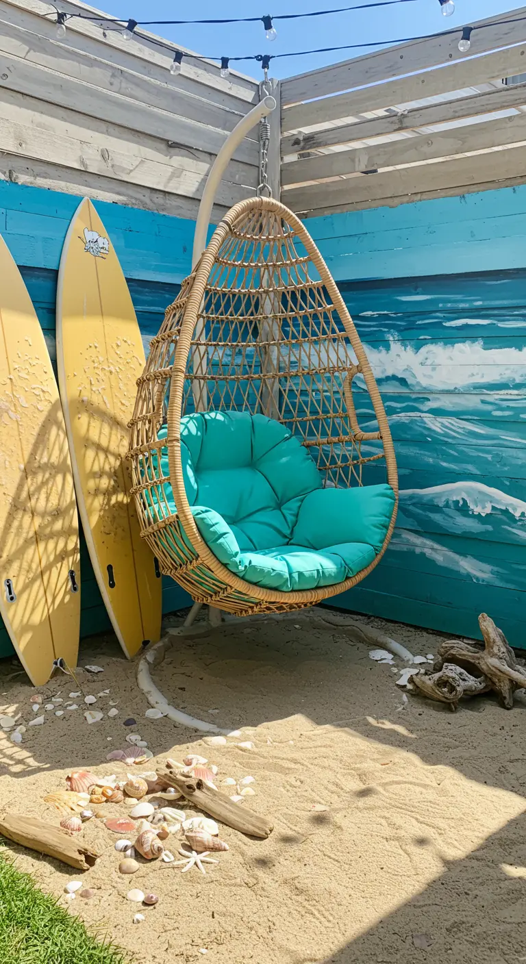 Rotan ei-hangstoel met turquoise kussens in een strandthema setting met zand en surfplanken.