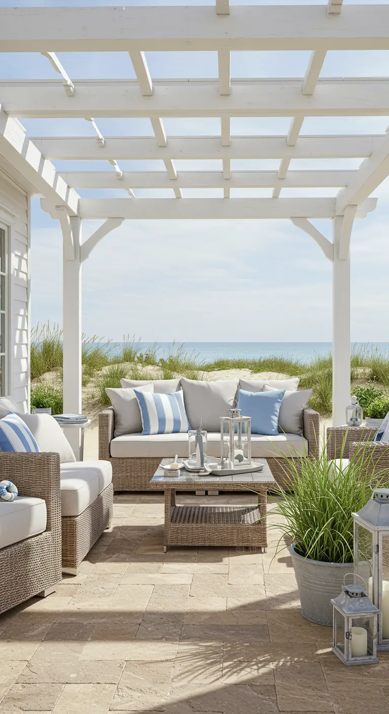 Witte houten pergola met rieten meubels en blauw-witte kussens, uitzicht op zee.