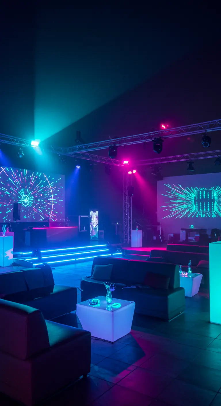 Dakterras voor silent disco met DJ-booth, loungebanken en LED-verlichting.