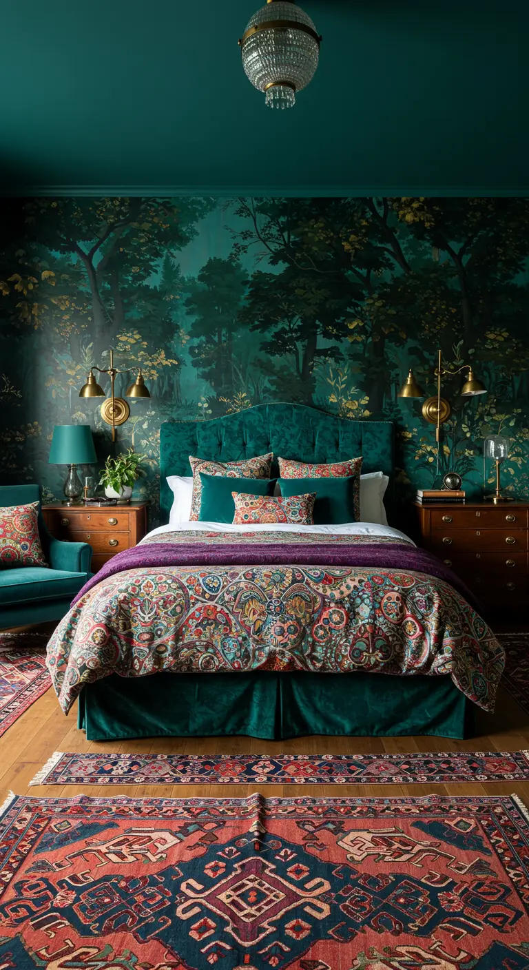 Luxe slaapkamer met donkergroen bosbehang als statement achter het bed.