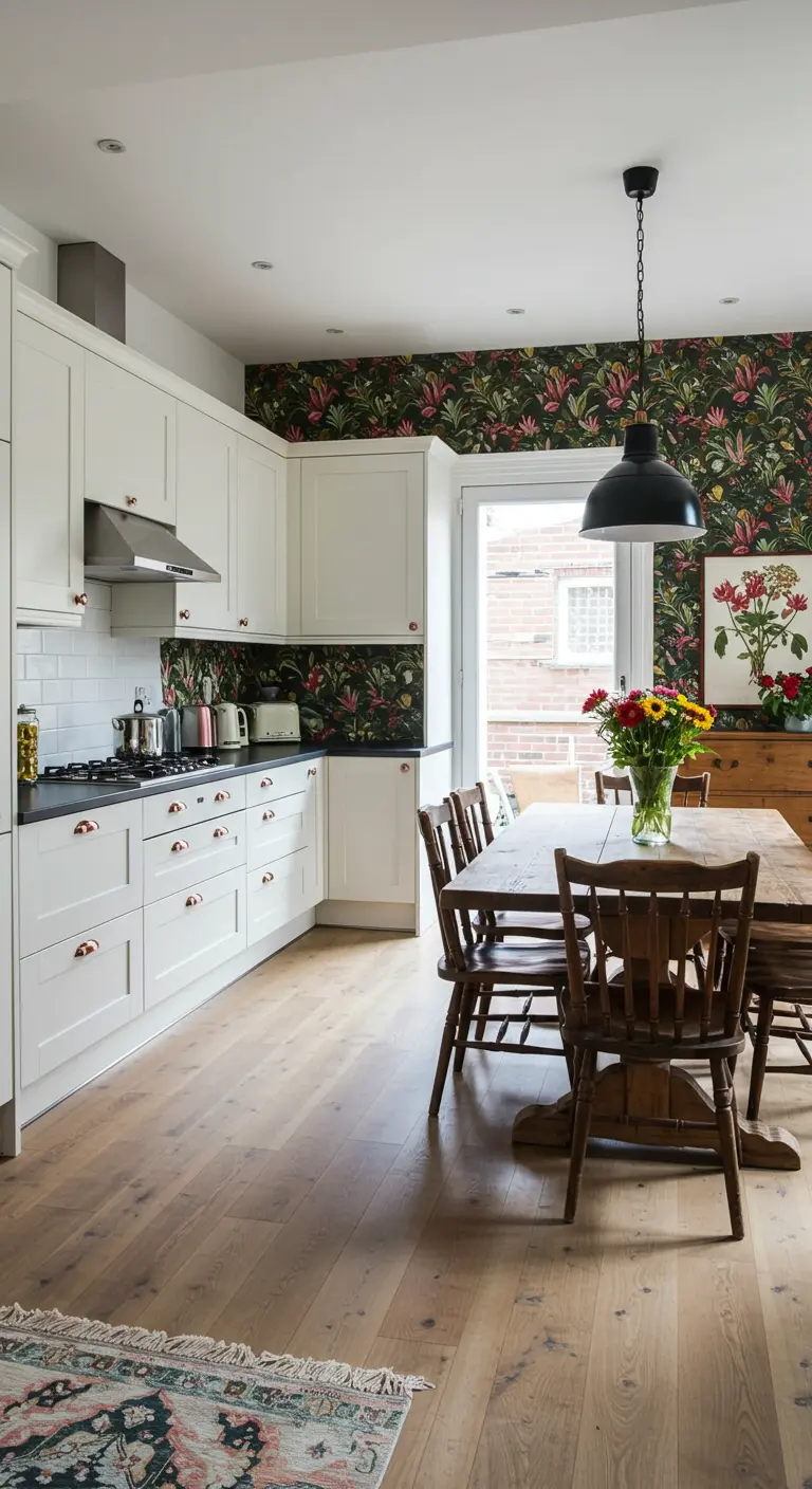 Eethoek naast witte keuken, afgebakend met een muur met donker botanisch behang.